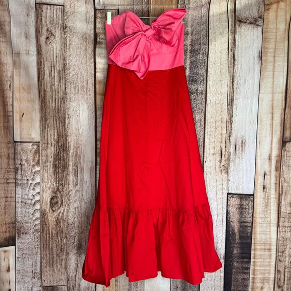 Hutch Dress Colorblocked Bow-Tie Maxi Red Pink Strapless Ruffle Hem Party Size 4 - Picture 1 of 8